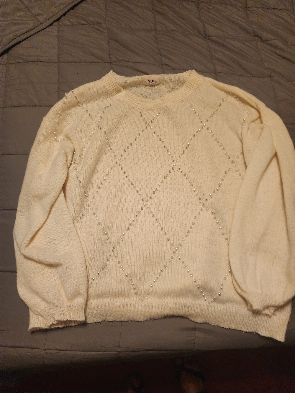 BiBi Cream Beaded Diamond Knit Sweater